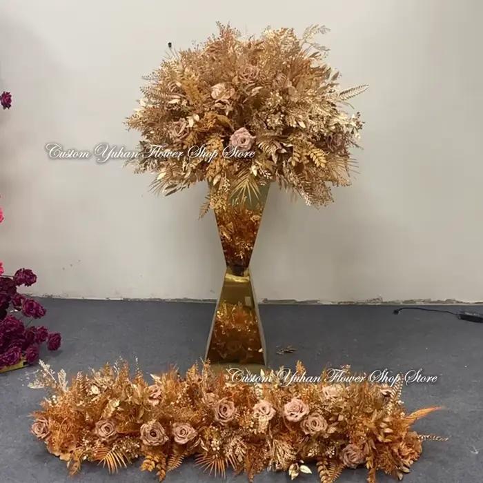 Boules de fleurs de rose dorées de luxe pour mariage, 90/80/70/60 cm, centre de table, accessoires, chemin de scène, décoration florale, accessoire de décoration
