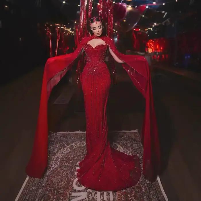 Robe de soirée sirène nue de luxe perlée avec manches cape pour femmes occasions spéciales élégantes et formelles