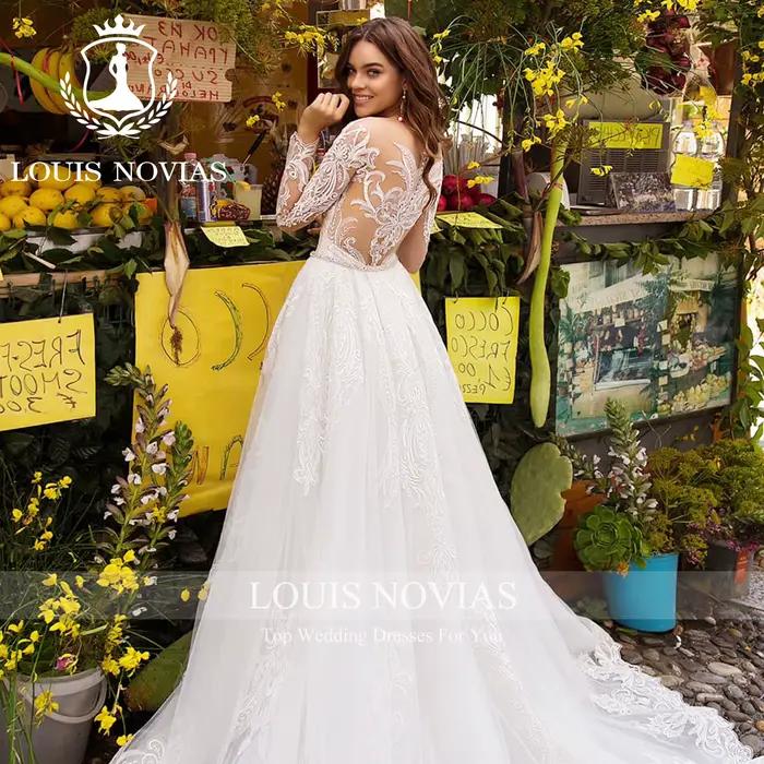 LOUIS NOVIAS sirène à manches longues robes de mariée chérie broderie Illusion bouton détachable Train 2 IN1 robe