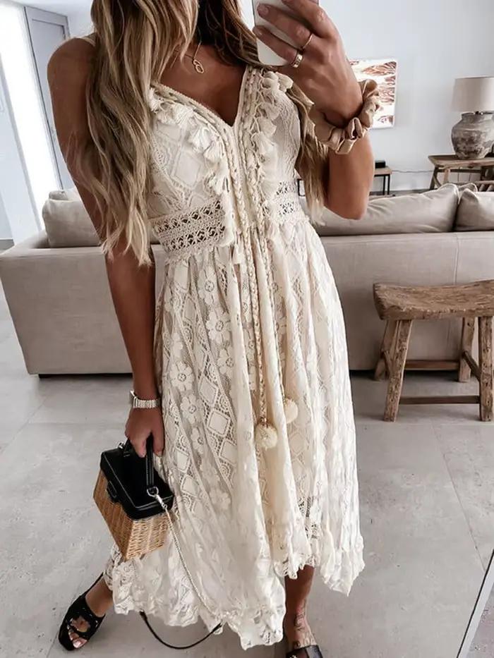 Robe longue en dentelle style Boho pour femme