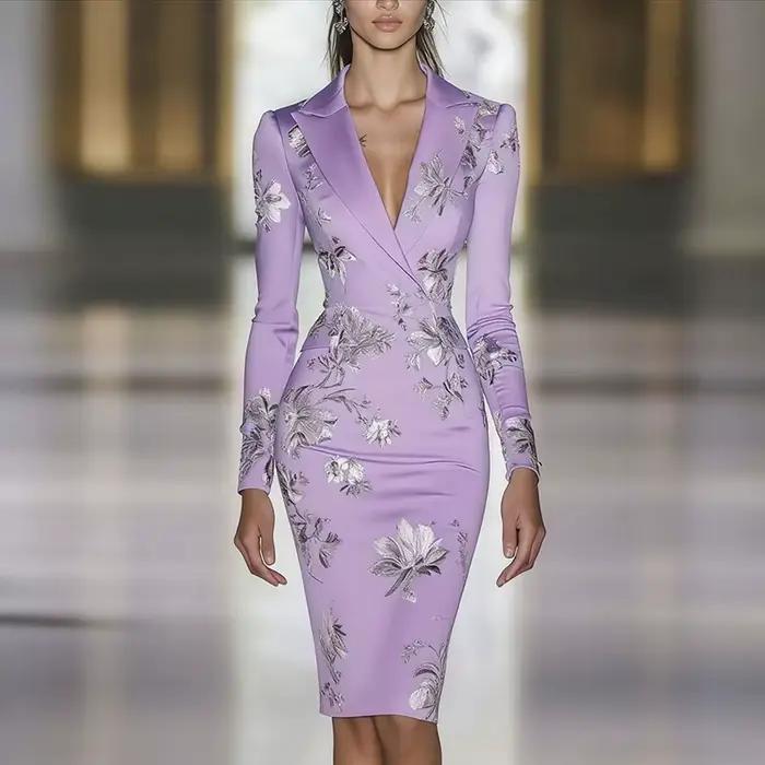 Femme vêtements robes 2025 printemps imprimé fleuri moulante élégante robe de soirée automne à manches longues col