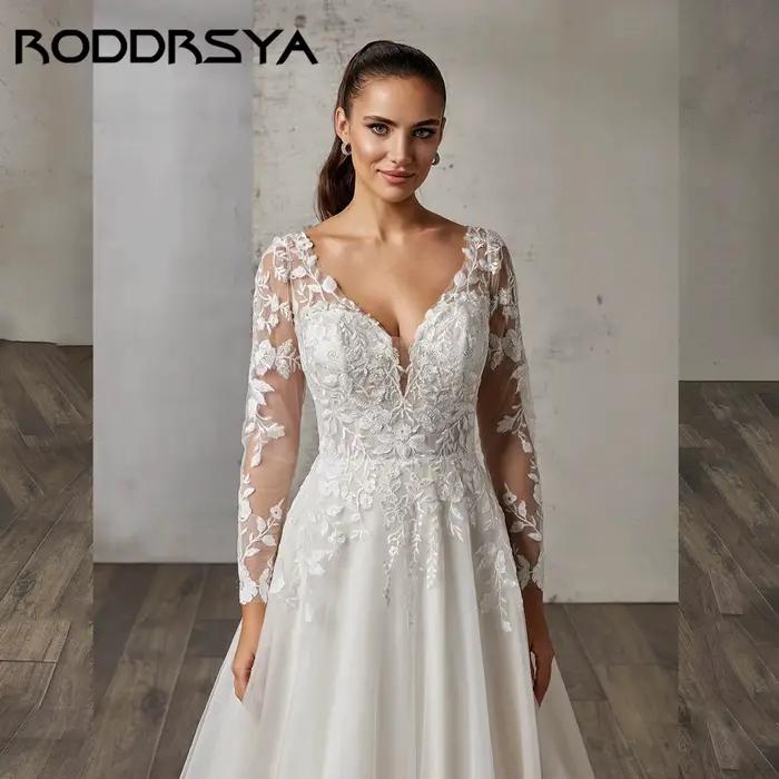 RODDRSYA rêveur a-ligne robe de mariée à manches longues Illusion dos robes