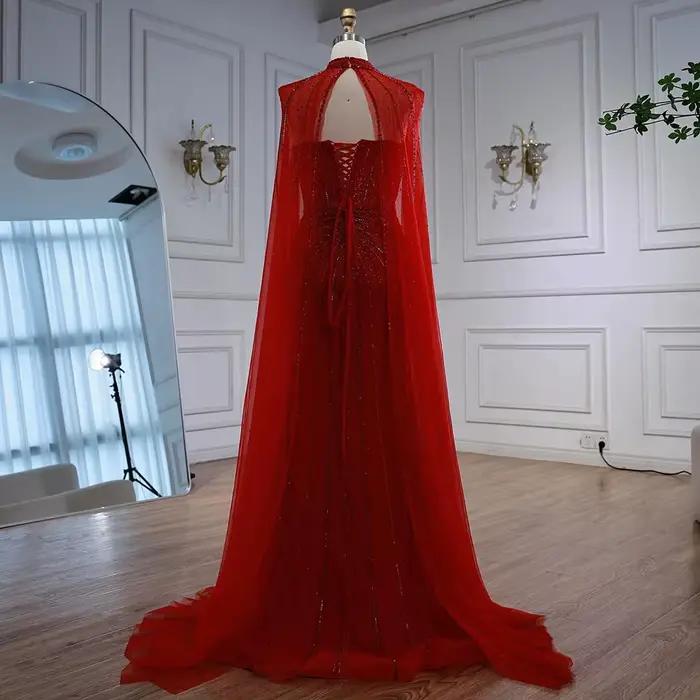 Robe de soirée sirène nue de luxe perlée avec manches cape pour femmes occasions spéciales élégantes et formelles