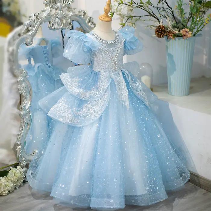 Robes de demoiselle d'honneur bleues Cendrillon, perles de luxe, anniversaire des petites filles, tout à plusieurs niveaux, appliques en dentelle, photographie des enfants, quoi que ce soit