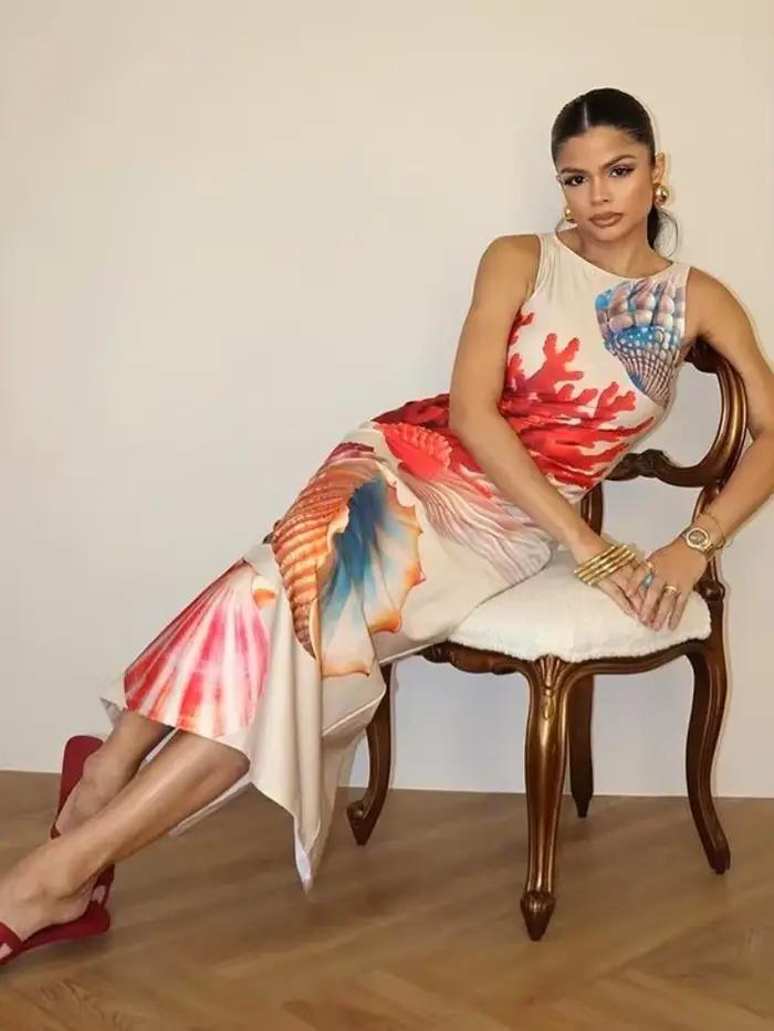 Robes longues imprimées corail pour femmes