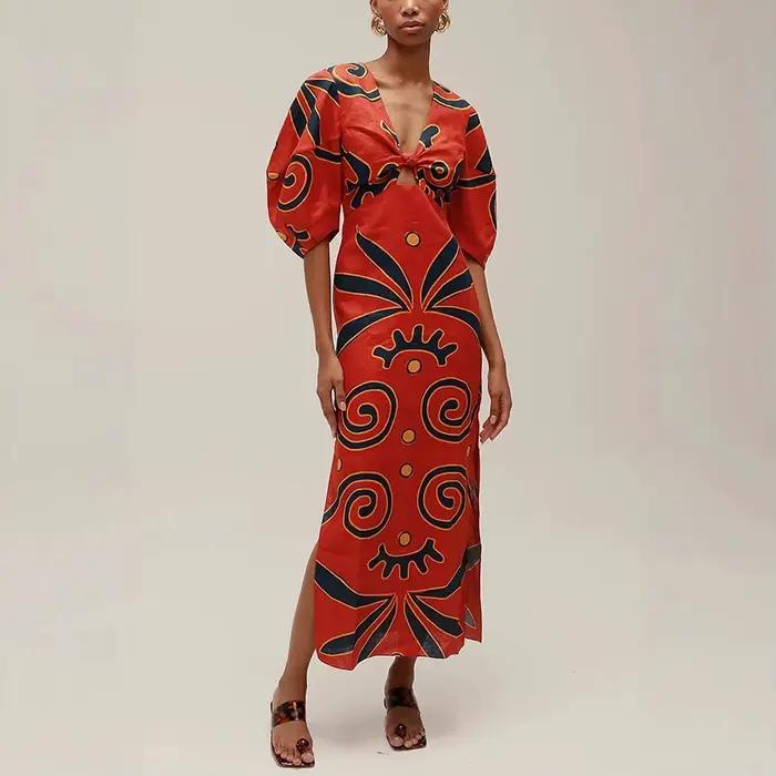 Robe en polyester chic imprimée longue col en V pour femmes occasions formelles vintage style