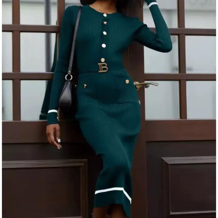 Robe à col rond avec taille ajustée et jupe à cordon de serrage