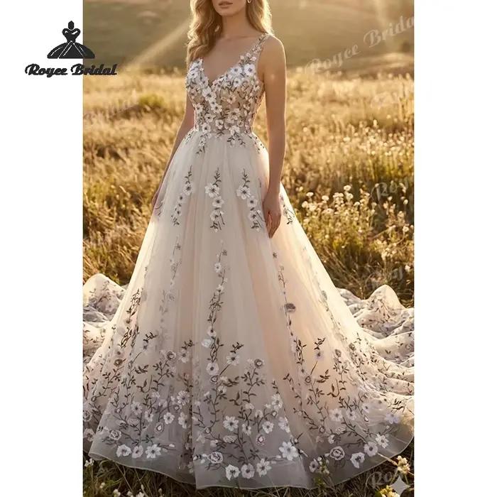 Robes de mariée en mousseline de soie à motif floral forestier