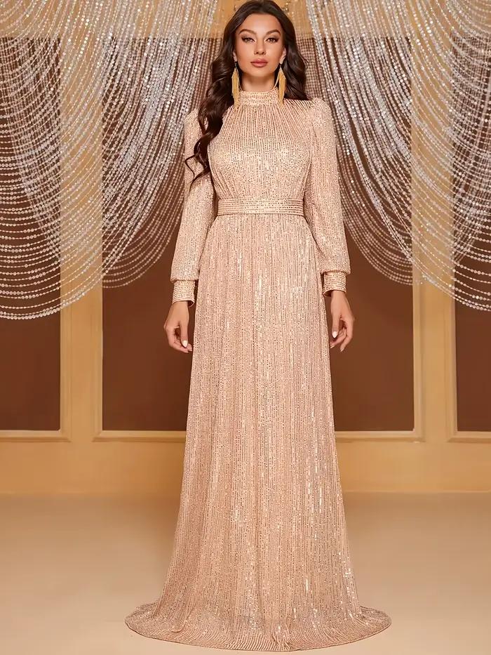 Robe longue rétro élégante à manches longues pour femme – Parfaite pour les soirées