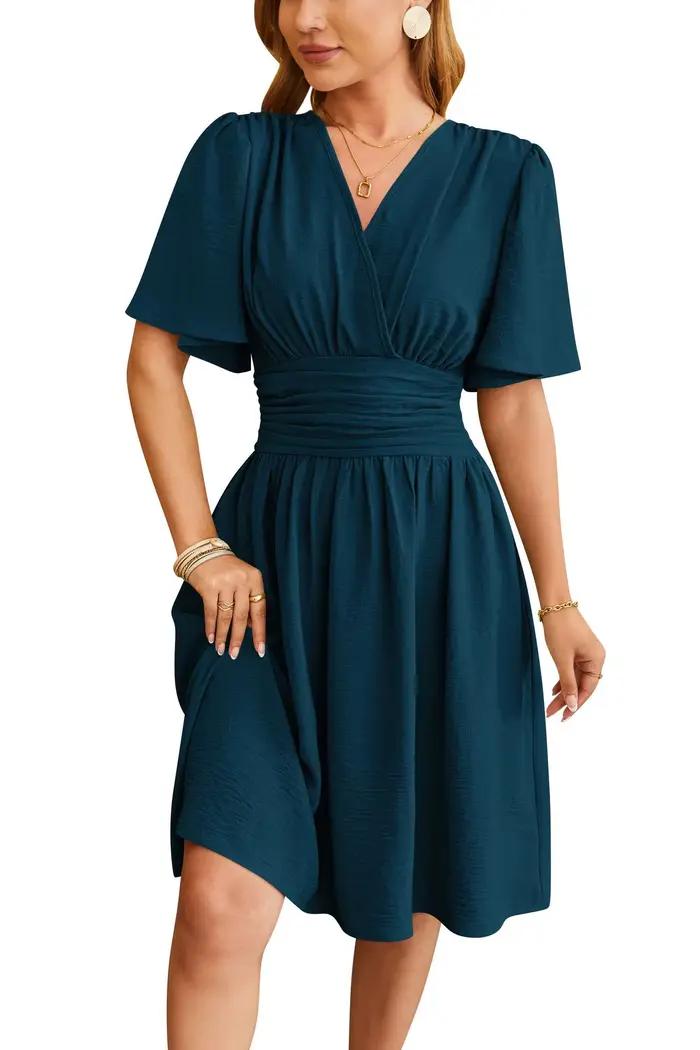 Robes 2025 femme été nouveauté col en v manches à volants couleur unie robe