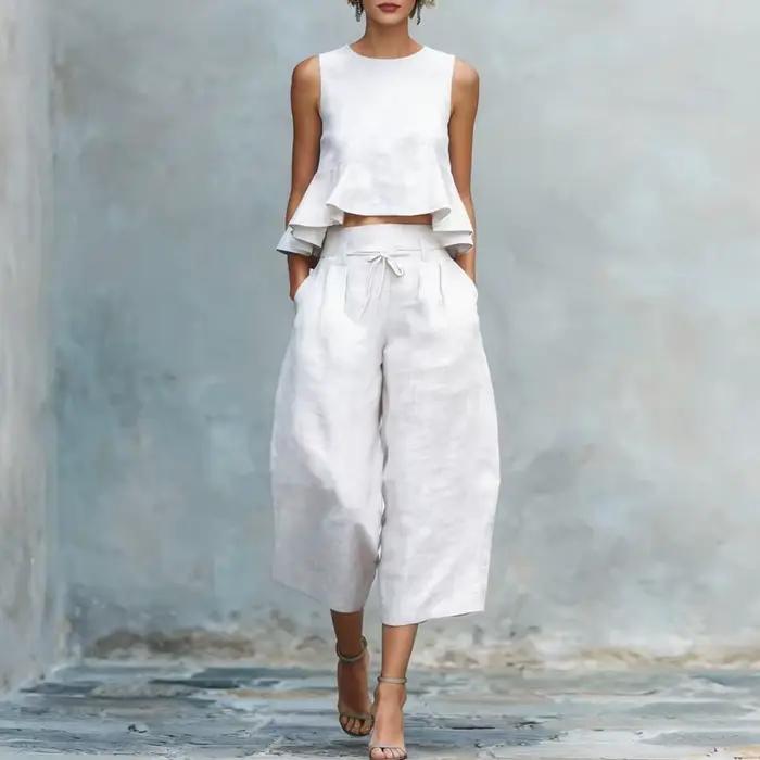 Ensemble décontracté élégant pour femmes avec débardeur sans manches et pantalon à volants pour occasions spéciales et quotidienne