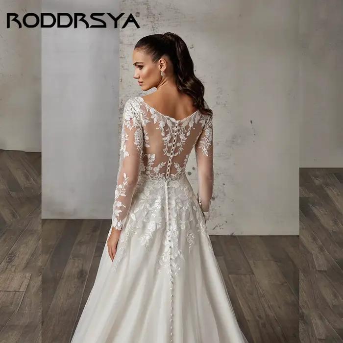 RODDRSYA rêveur a-ligne robe de mariée à manches longues Illusion dos robes