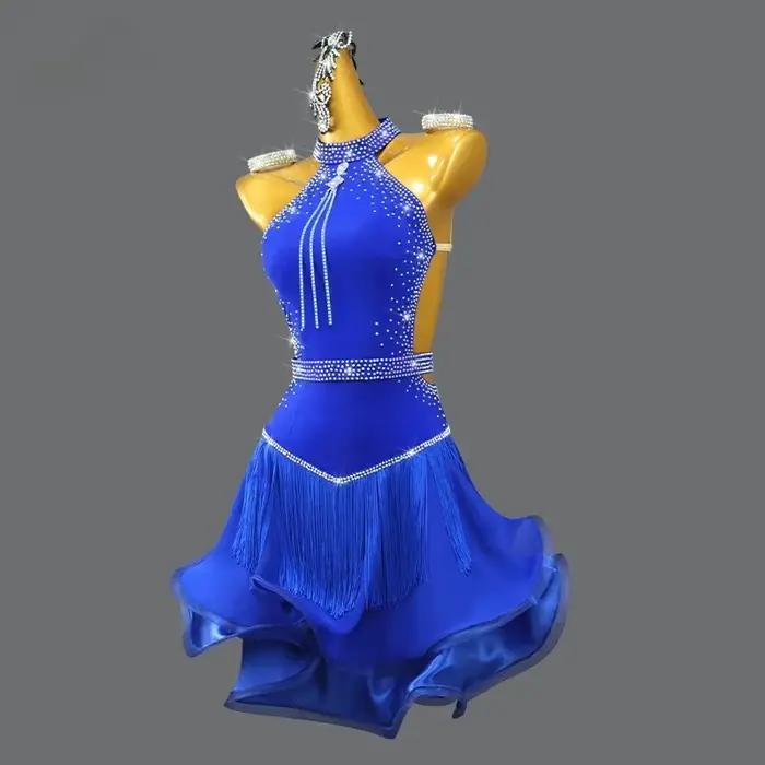 Robe de danse latine bleue 2026 élégante pour femmes compétition bal promotionnelle strass motifs nylon tricoté