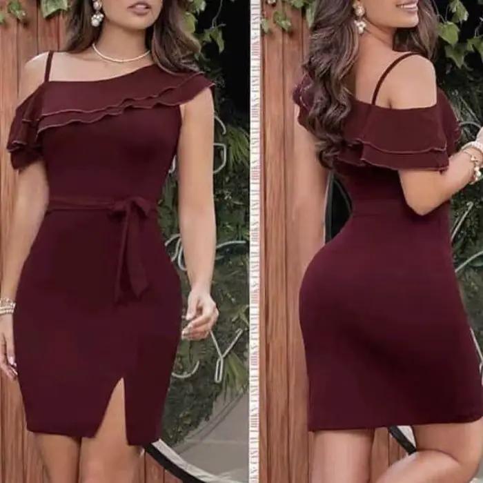 Robe bordeaux à une épaule pour femme