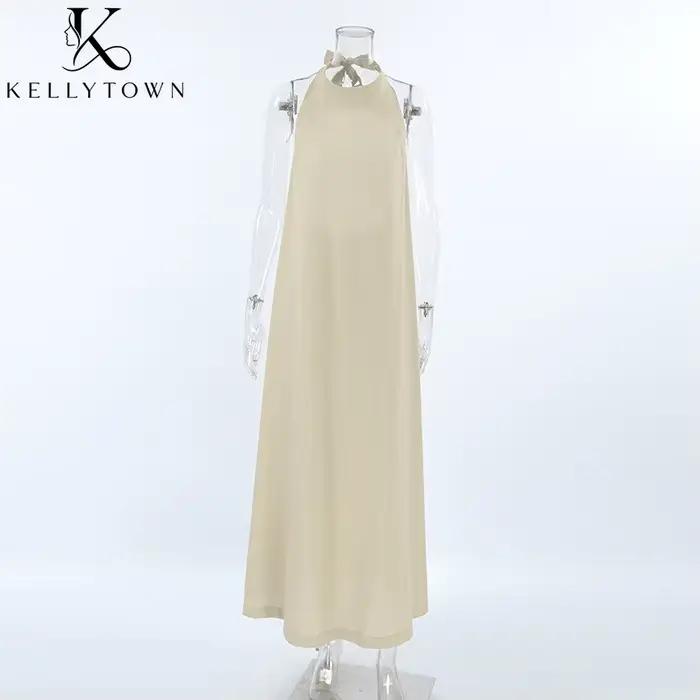 Robe longue d'été en coton et lin kaki pour femme
