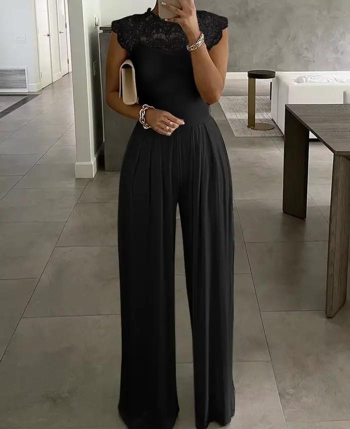 Combinaison blanche élégante en polyester avec coutures en dentelle pour femmes, mode, barboteuse, vêtement de soirée, pantalon ample, décontracté, salopette pour occasions spéciales