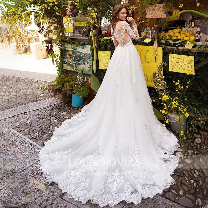 LOUIS NOVIAS sirène à manches longues robes de mariée chérie broderie Illusion bouton détachable Train 2 IN1 robe
