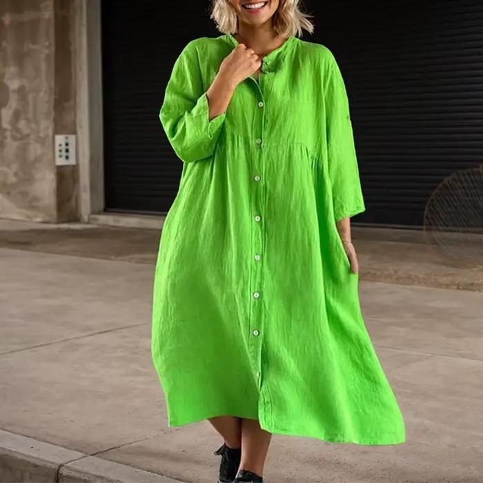 Robe trapèze boutonnée à manches longues et col rond pour femmes