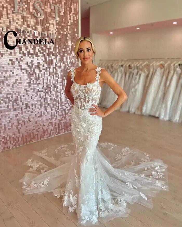 CHANDELA glamour chérie robe de mariée hors de l'épaule sans manches trompette dentelle Appliques fermeture éclair Train Royal personnalisé