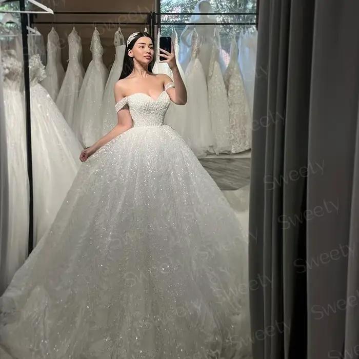 Robe de Mariée en Dentelle à Paillettes Brillantes avec Broderie, Tenue de Bal Personnalisée avec Col en V