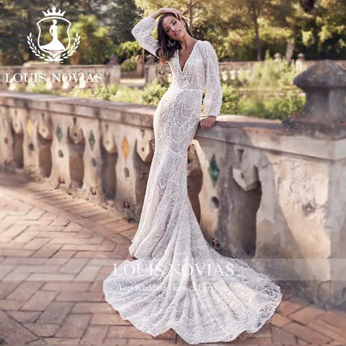 LOUIS NOVIAS robes De mariée sirène pour femmes Champagne col en v dos nu fermeture éclair manches bouffantes robe De mariée robes De Novia