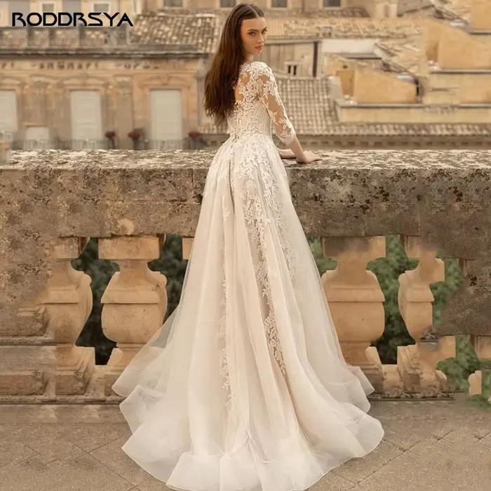 Robe de Mariée Vintage à Col Rond et Manches en Dentelle