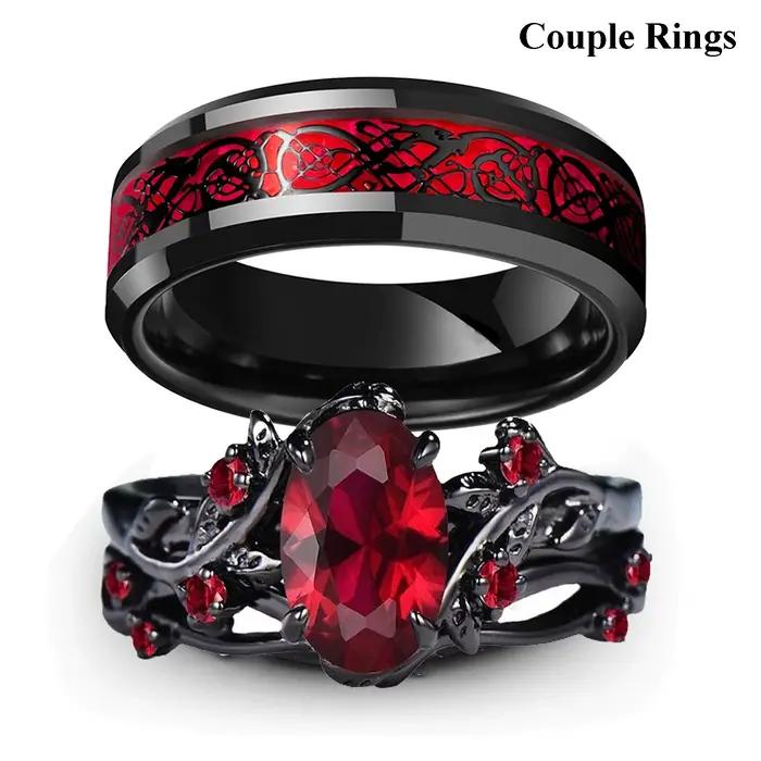 Bagues de Couple à breloques romantiques pour femmes et hommes, ensemble de bagues en strass rouges, tendance, en acier inoxydable, Dragon celtique, bijoux de mariage