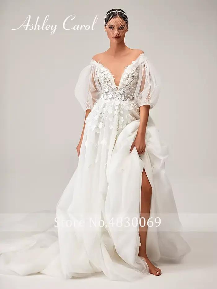 Ashley Carol-Robe de mariée sexy à col en V profond et manches bouffantes, robes de mariée A-Line, appliques de patients, fleurs, BO00-