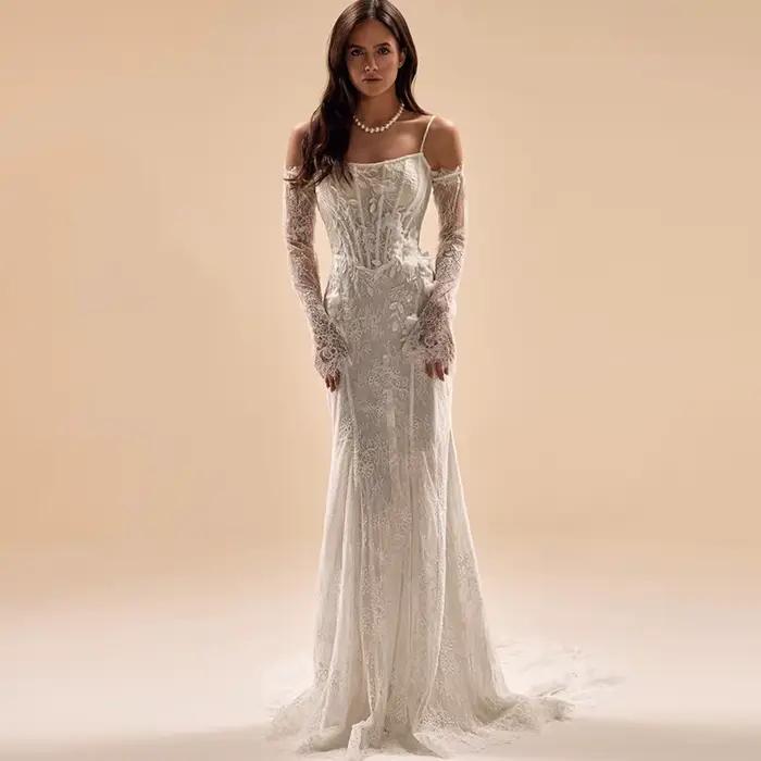 Robe de mariée sirène élégante avec appliques de fleurs faites à la main