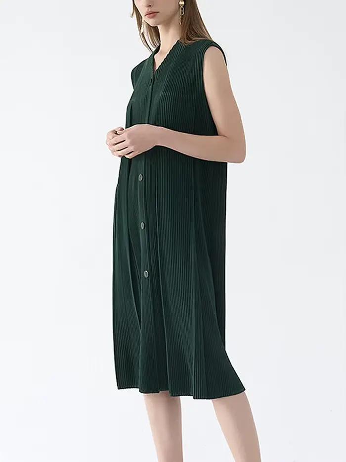Robe mi-longue plissée vert foncé pour femmes
