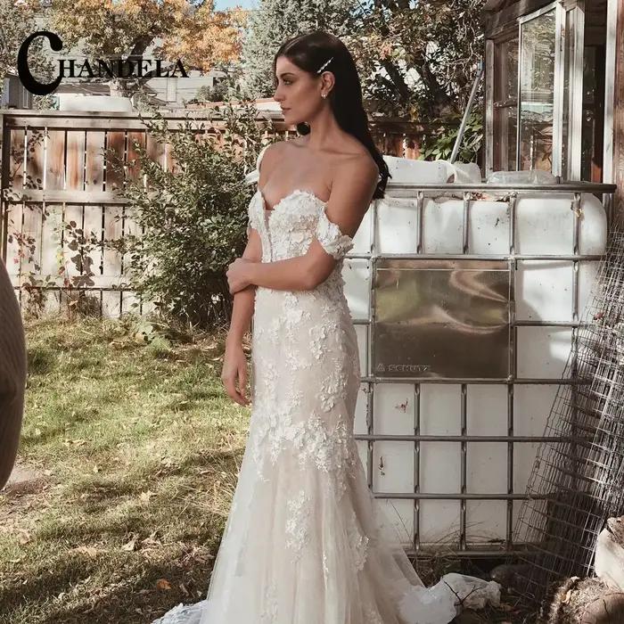 CHANDELA robes De mariée chérie à la mode fermeture éclair avec bouton sirène brosse Train dentelle Appliques