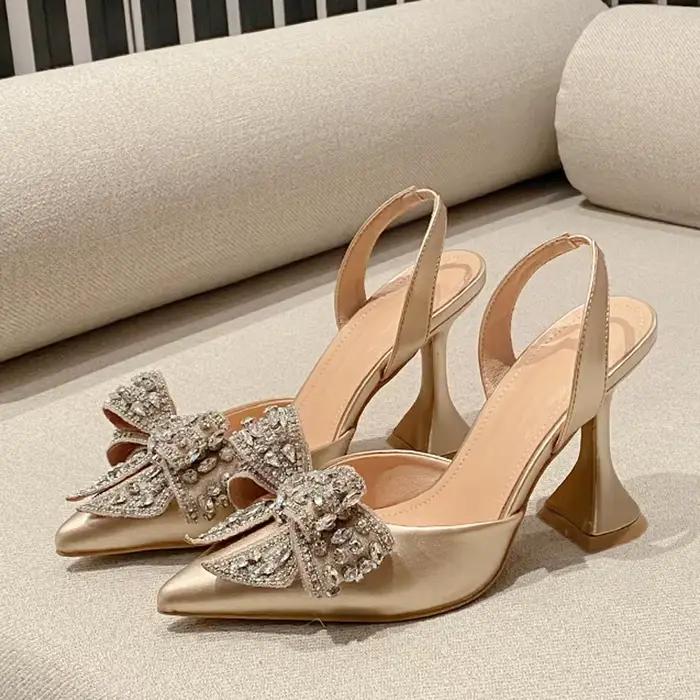 Liyke mode paillettes cristal nœud papillon femmes pompes Sexy bout pointu rouge talons hauts chaussures de Banquet de mariage dames Slingback sandale