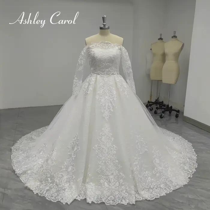 Ashley Carol nouvelle arrivée robe De mariée avec veste photos réelles superbe à manches longues Appliques ceinture