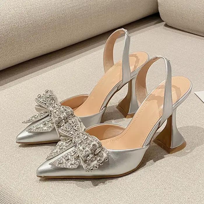 Liyke mode paillettes cristal nœud papillon femmes pompes Sexy bout pointu rouge talons hauts chaussures de Banquet de mariage dames Slingback sandale