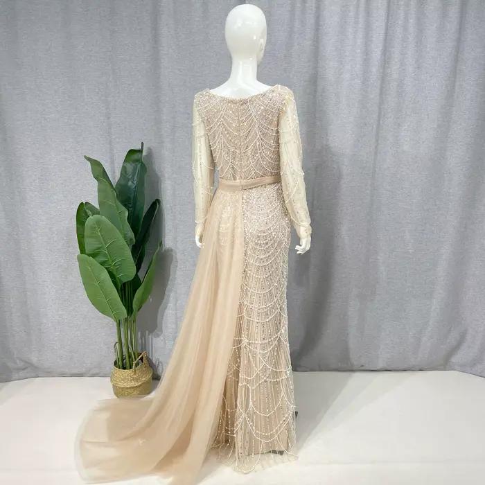 Robe Sirène Élégante à Manches avec Traîne Amovible pour Femmes Musulmanes, Paillettes, Perles, Soirée Officielle, Occasions Spéciales