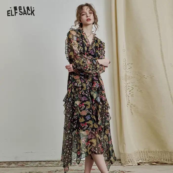 Robe longue en mousseline de soie florale à volants