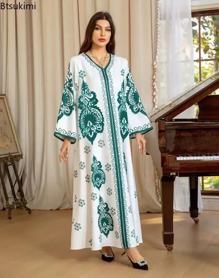 Robe longue élégante Abaya pour femmes, robes musulmanes pour l'Aïd, imprimé bronzé, col en V, Jalabiya, Kaftan arabe marocain, Dubai, Vestidos, Robe du Ramadan