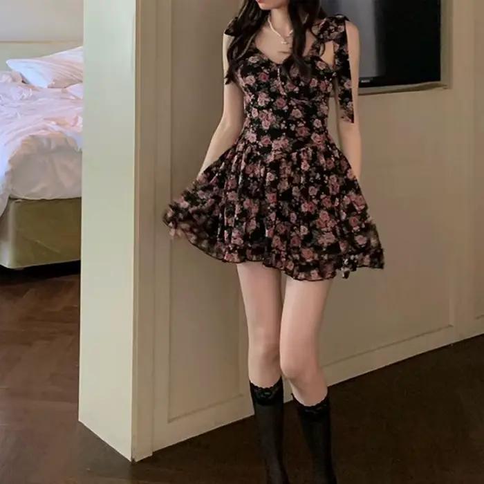 Robe sans manches féminine printemps été décontractée style coréen motif floral élégante à offrir pour jeunes femmes occasions spéciales