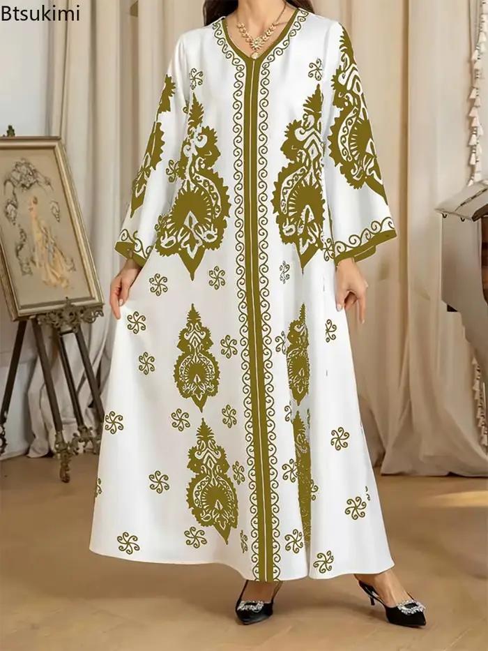 Robe longue élégante Abaya pour femmes, robes musulmanes pour l'Aïd, imprimé bronzé, col en V, Jalabiya, Kaftan arabe marocain, Dubai, Vestidos, Robe du Ramadan