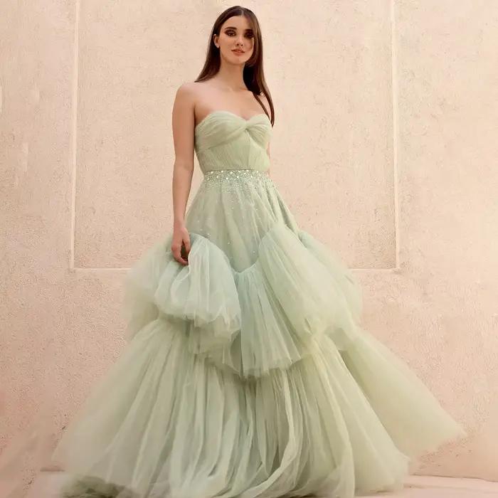 Sharon Said dubaï vert sauge volants robe de soirée avec cristal sans bretelles pour les femmes robes de bal de fête de mariage SF314 personnalisé