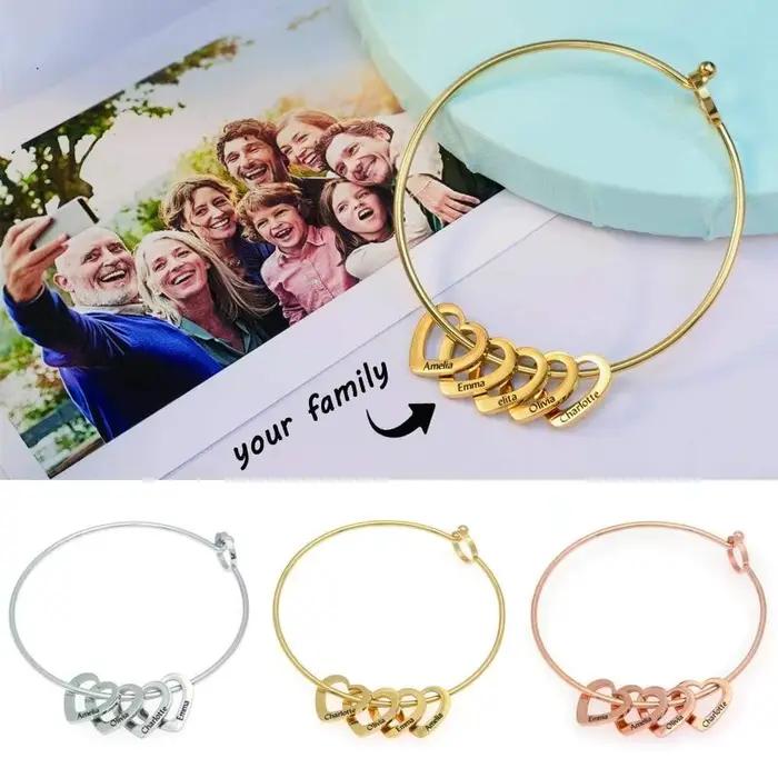 Bracelet personnalisé avec perles en forme de cœur et noms de famille, bracelet personnalisé avec noms en forme de cœur pour femmes, maman, fille, cadeau pour la fête des mères