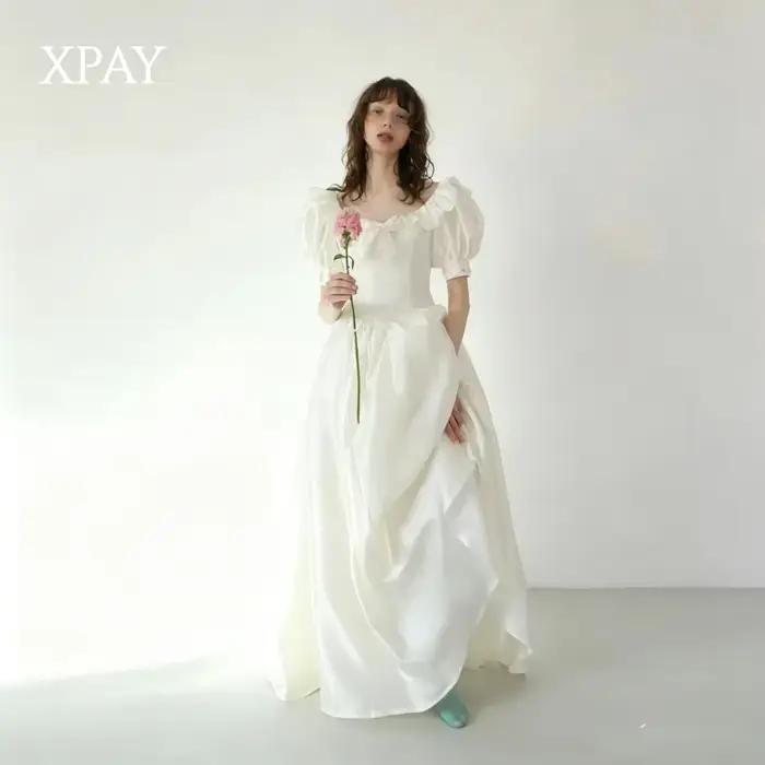 XPAY Robes de mariée japonaises personnalisées, manches bouffantes, coupe trapèze, robe de mariée coréenne, col ras du cou, robe à volants pour séance photo