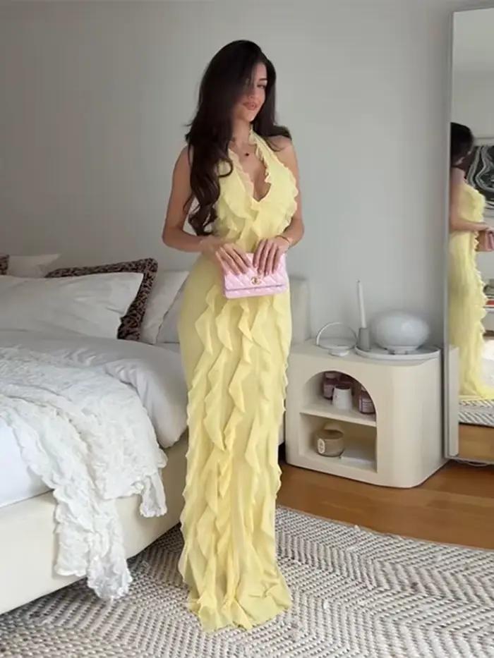 Robe longue plissée à volants pour femmes