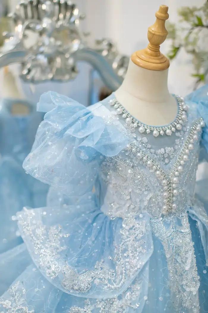 Robes de demoiselle d'honneur bleues Cendrillon, perles de luxe, anniversaire des petites filles, tout à plusieurs niveaux, appliques en dentelle, photographie des enfants, quoi que ce soit