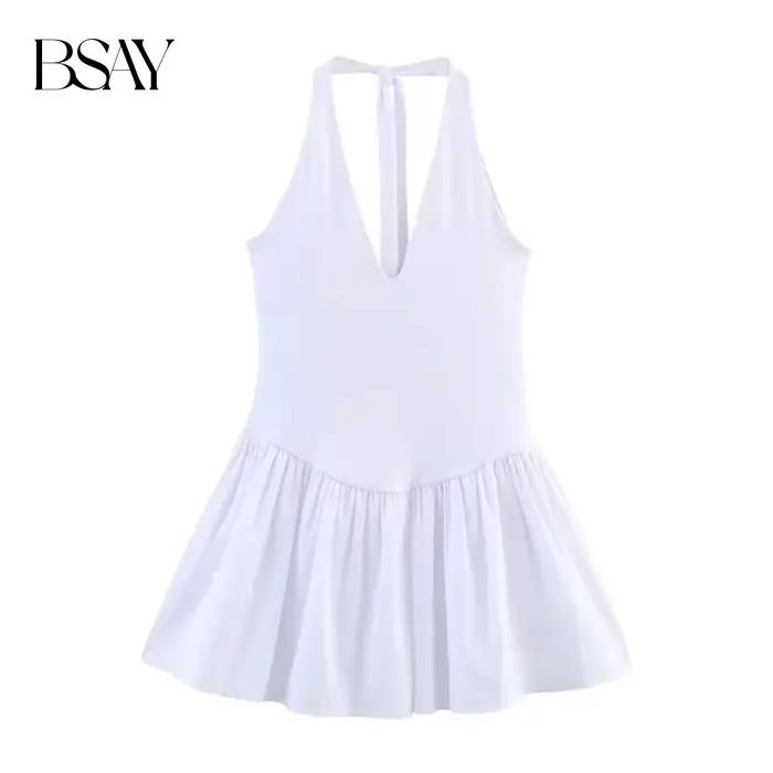 BSAY robe pour femmes mode été nouvelle couleur unie licou col en v dos nu Mini robes français Chic femme vêtements de soirée