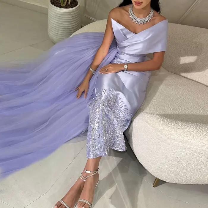 Robe Sharon Said en polyester vert sauge pour soirée officielle avec surjupe, décolleté d'une épaule, perles et plissé, tenue de mariage personnalisée pour femmes de tous âges
