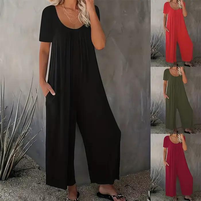 Grande taille 0XL-5XL barboteuses d'été salopette femme couleur unie combinaison avec poches décontracté mode manches courtes combinaisons