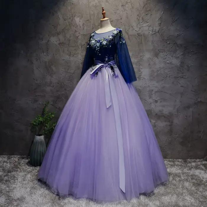 Robe de soirée élégante violette à col rond avec soutien-gorge intégré et train de balayage pour femmes occasions spéciales bal mariage