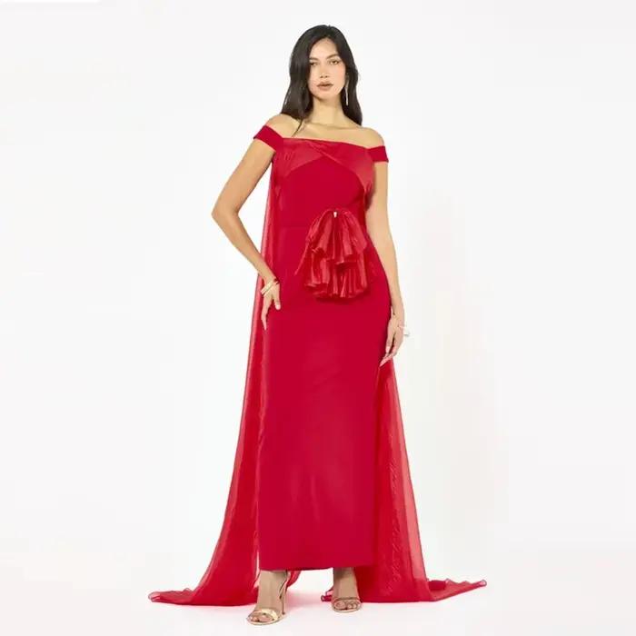 Robe de Soirée Personnalisée Drapée avec Nœud à la Taille et Cape pour Femme Occasions Spéciales Élégante et Luxeuxe Soirée Officielle Mariages Galas Célébrités