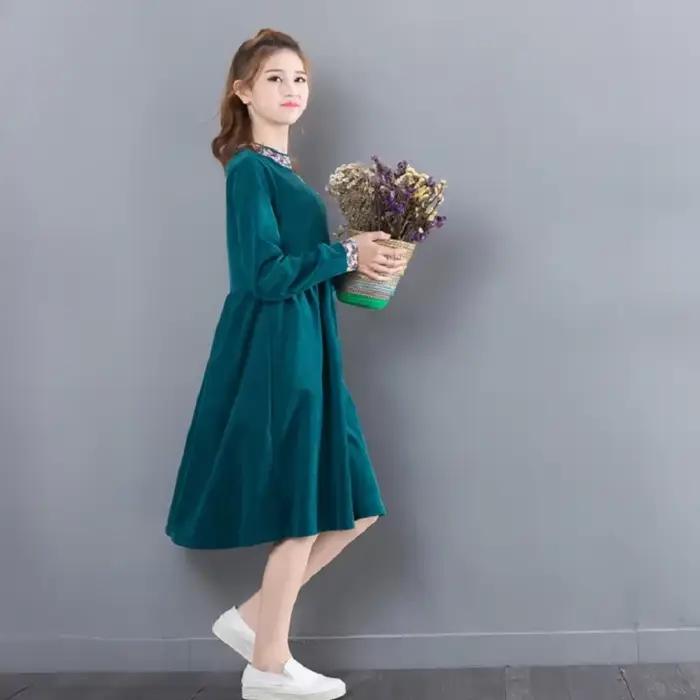 Robe florale vintage en velours côtelé pour femmes
